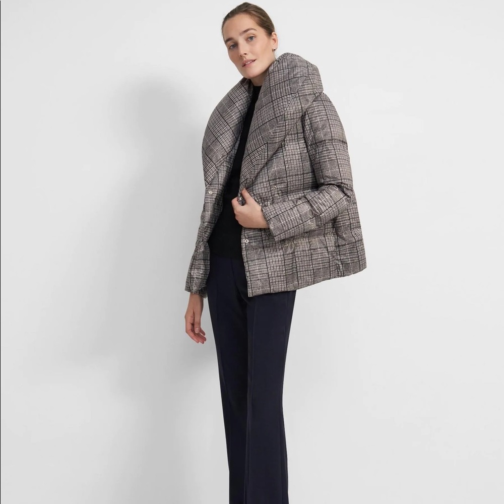 Theory puffer coat plaid grey NWT